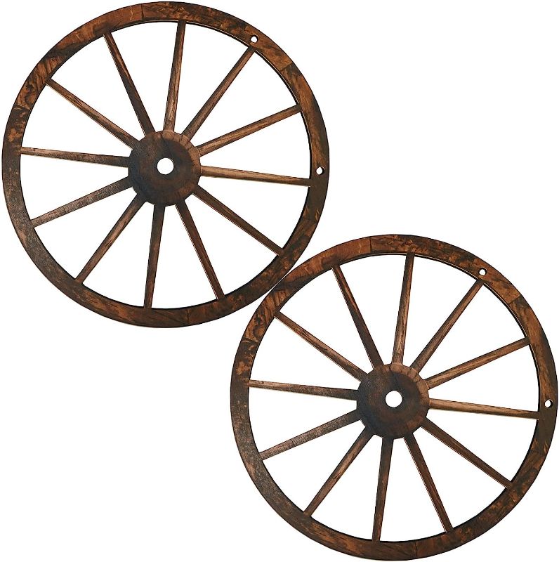 Photo 1 of 2PCS 12" Wooden Wagon Wheel, Vintage Wooden Wheel Hanging on Wall, Decorative Wooden Wheel for Bar Garage Garden Farm Coffee Shop Indoor Outdoor
