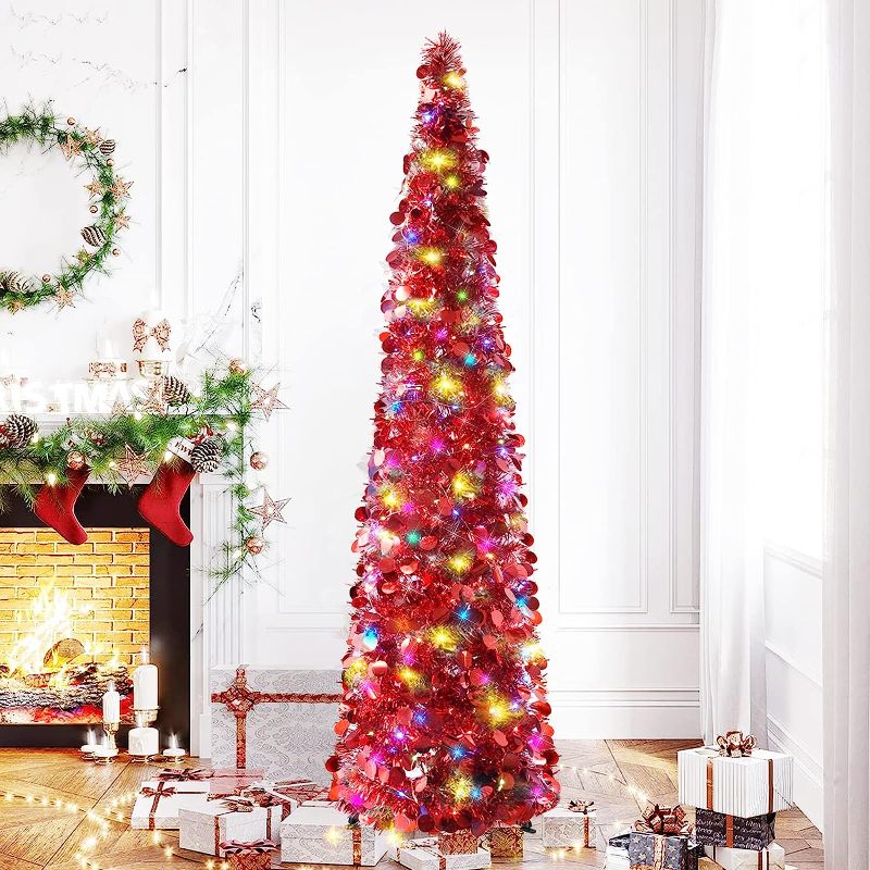 Photo 1 of 5FT Christmas Pop Up Tinsel Trees Collapsible Reusable, Artificial Shiny Colorful Red Sequins Pencil Xmas Slim Tree Easy-Assembly with Plastic Stand for Home Apartment, Store, Wedding Decoration