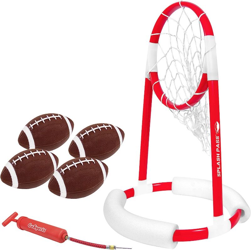 Photo 1 of GoSports Splash Pass Floating Pool Football Game Includes Hoop, 4 Footballs and Pump
