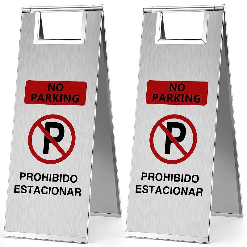 Photo 1 of 2 Pcs No Parking Stainless Steel Sign Double Sided 24 Inch Foldable Portable Handle Self Standing Floor Bilingual Warning Signs for Outdoor Commercial Street Public Areas Restaurants Businesses
