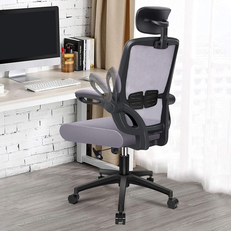 Photo 1 of Engber Ergonomic Office Chair Home - Computer Desk Chairs Lumbar Support, Mesh High-Back Task Chair with Flit-up Arms and Height Adjustable Design (Grey)
