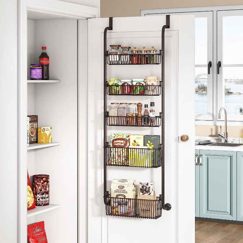 Photo 1 of 1Easylife Over the Door Organizer 5-Tier, Pantry Door Storage and Organization with 5 Baskets, Heavy-Duty Metal Back of Door Spice Rack Door Shelf Organizer (3x4.72+2x5.9 Width Baskets, Bronze)
