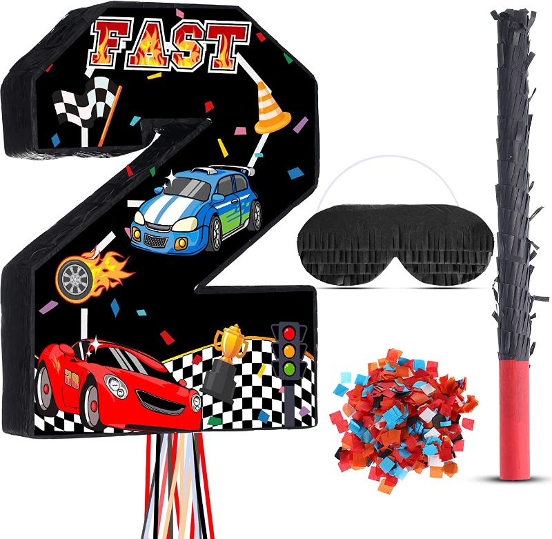 Photo 1 of Race Car Number 2 Pinata Pull String Two Fast Pinata Small Racing Theme Pinata with Blindfold Stick and Confetti for Boys Kids Race Car 2nd Birthday Decorations Party Supplies, 16.5 x 13 x 3.1 Inch
