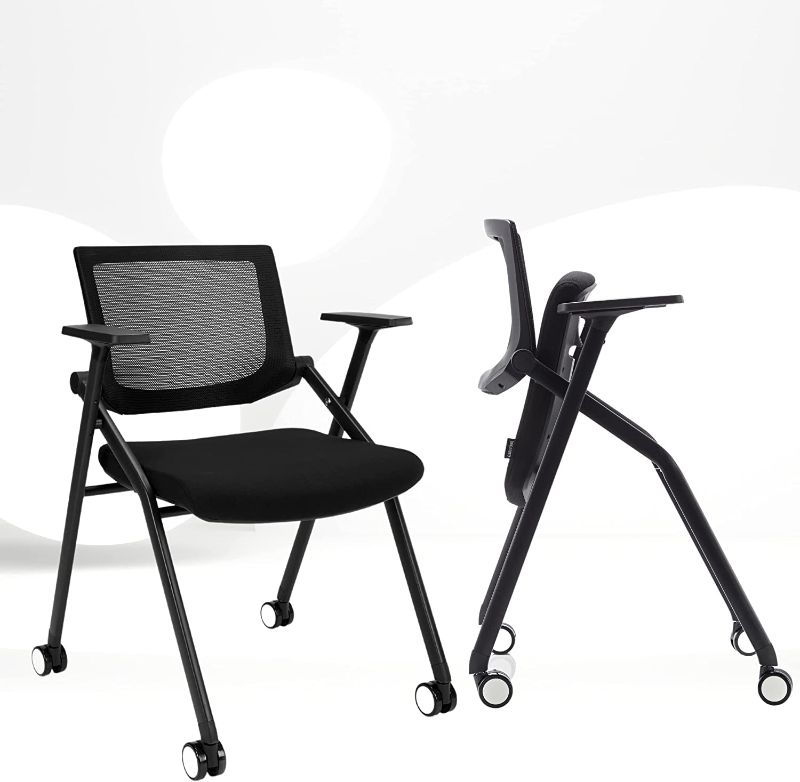 Photo 1 of BROBRIYO 2 Pack Stackable Conference Room Chairs with Wheels and Paddle, Ergonomic Mesh Back and Arms for Meeting, Conference, Reception, Training Room & Home Office Desk Folding Chairs ------ BROKEN ARM 
