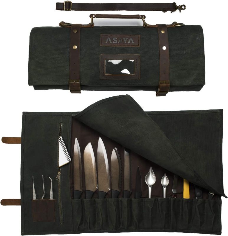 Photo 1 of Asaya Waxed Canvas Knife Roll - 15 Knife Slots, Card Holder and Large Zippered Pocket - Genuine Leather, Cloth and Brass Buckles - for Chefs and Culinary Students - Knives Not Included ----- MISSING STRAP 
