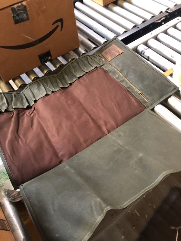 Photo 3 of Asaya Waxed Canvas Knife Roll - 15 Knife Slots, Card Holder and Large Zippered Pocket - Genuine Leather, Cloth and Brass Buckles - for Chefs and Culinary Students - Knives Not Included ----- MISSING STRAP 
