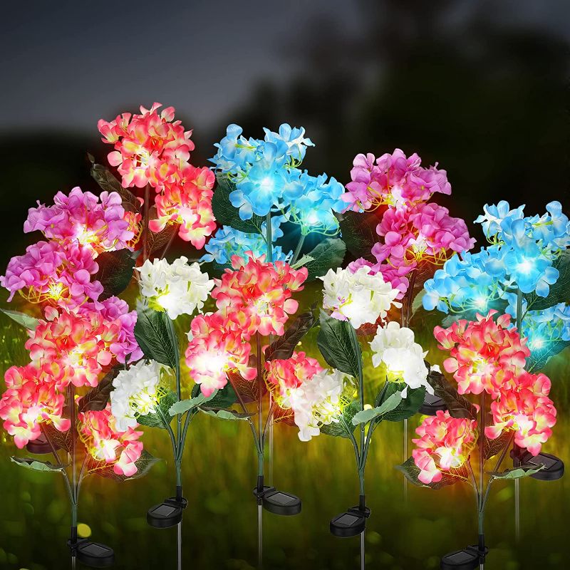 Photo 1 of 10 Pcs Solar Flower Lights Outdoor Hydrangea Flower Solar Garden Stake Lights Colorful LED Solar Lights Waterproof Realistic In Ground Light for Backyard Garden Lawn Pathway Decoration, 4 Colors
