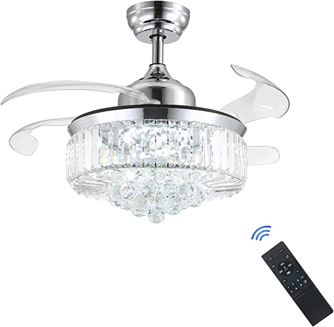 Photo 1 of  Reverse Dimmable Fandelier Crystal Ceiling Fan with Lights, Siljoy Modern Invisible Retractable Chandelier Fan LED Ceiling Fan for Bedroom Living Dining Room, Polished Chrome