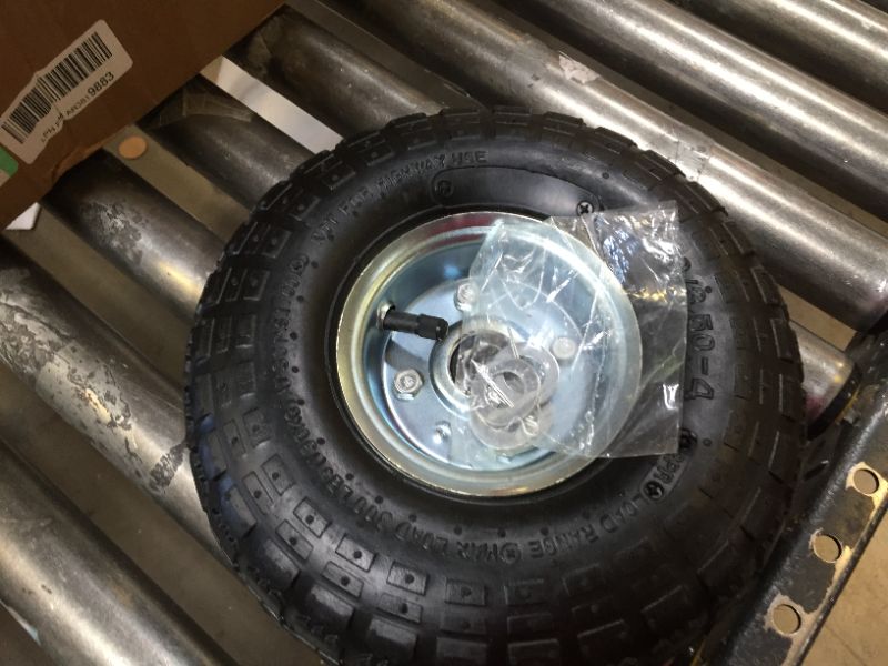 Photo 2 of Rocky Mountain Goods Replacement Tire 4.10/3.50-4” - Tire for Hand Truck, Cart, Dolly, Gorilla Cart - 2.25” Offset Hub with Pneumatic 5/8” Ball Bearing - Sawtooth Tread - 400 lb. Load Capacity
