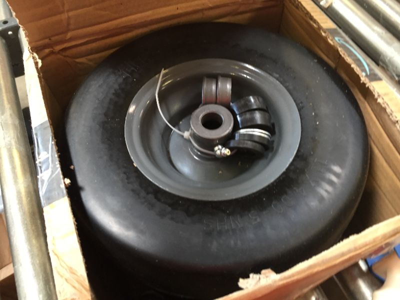 Photo 2 of 2 PCS 11x4.00-5" Flat Free Lawn Mower Tire on Wheel, 3/4" or 5/8" Bushing, 3.4"-4"-4.5 -5" Centered Hub, Universal Fit Smooth Tread Tire for Zero Turn Lawn Mowers, with Universal Adapter Kit