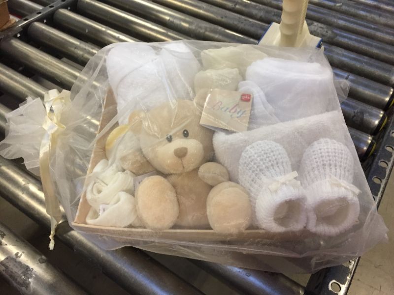 Photo 2 of Baby Shower Hamper for New Baby with Newborn Essentials Teddy Bear and Neutral Keepsake Box