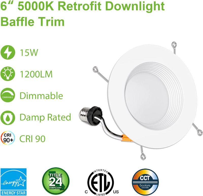 Photo 1 of  5/6 Inch LED Recessed Lighting, Baffle Trim, CRI90, 15W=100W, 1100lm, 5000K Daylight White, Dimmable Recessed Lighting, Damp Rated LED Recessed
