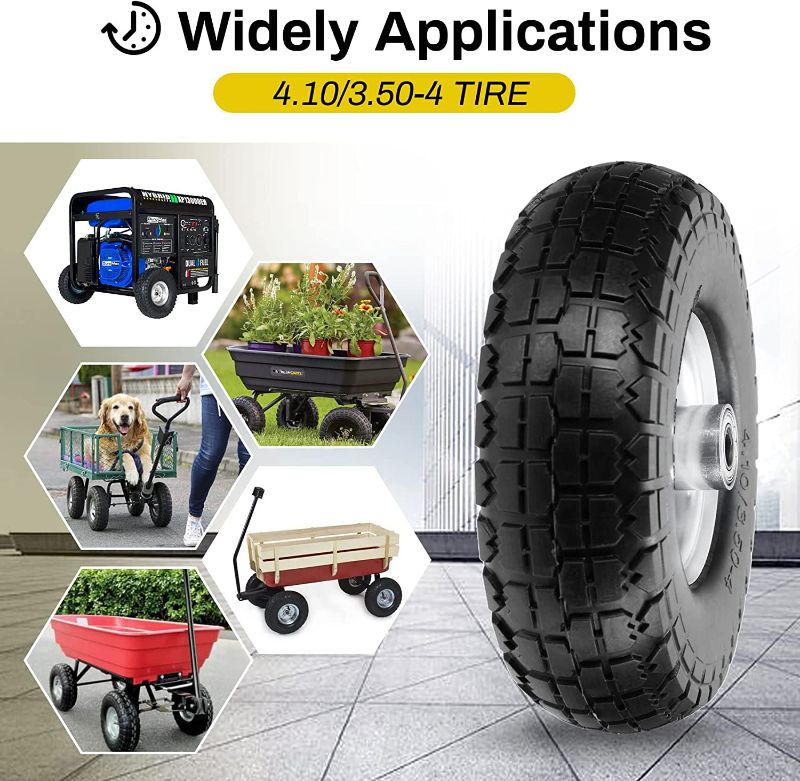 Photo 1 of 10" Flat Free Tires Solid Rubber Tyre Wheel?4.10/3.50-4 Air Less Tires Wheels with 5/8" Center Bearings?for Hand Truck/Trolley/Garden Utility Wagon Cart/Lawn Mower/Wheelbarrow/Generator, Black 