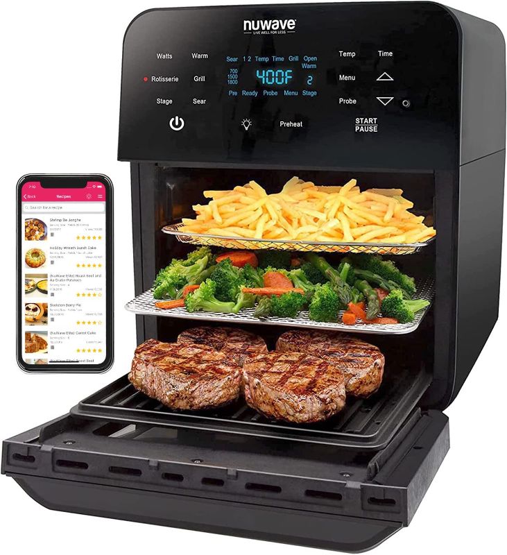 Photo 1 of Nuwave Brio Air Fryer Smart Oven, 15.5-Qt X-Large Family Size,SS Rotisserie Basket & Skewer Kit, Reversible Ultra Non-Stick Grill Griddle Plate Included,Black

