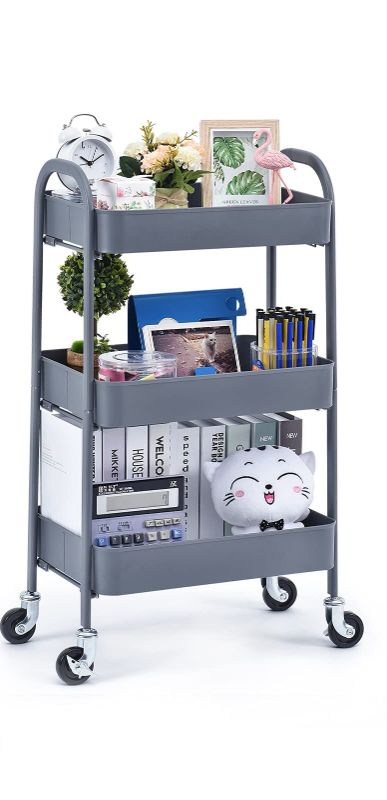 Photo 1 of 3 Tier Rolling Cart, No Screw Metal Utility Cart, Easy Assemble Utility Serving Cart Grey+ 3 Tier Rolling Cart, No Screw Metal Utility Cart, Easy Assemble Utility Serving Cart