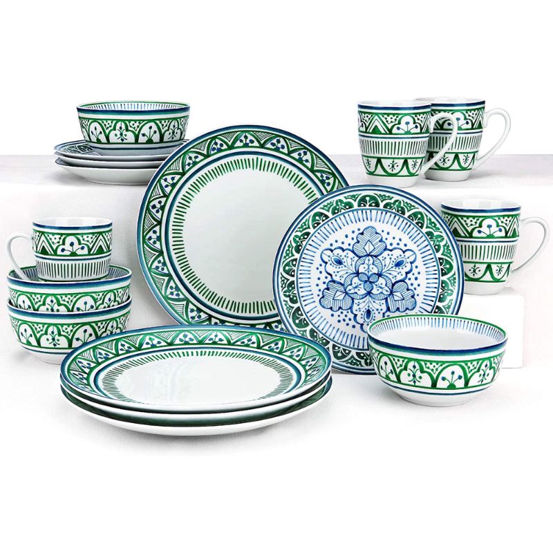 Photo 1 of 16 Piece Round Dinnerware Sets, Green Moroccan Bazaar Stoneware Dish Sets, Dishwasher Safe Plates and Bowls Sets for 4