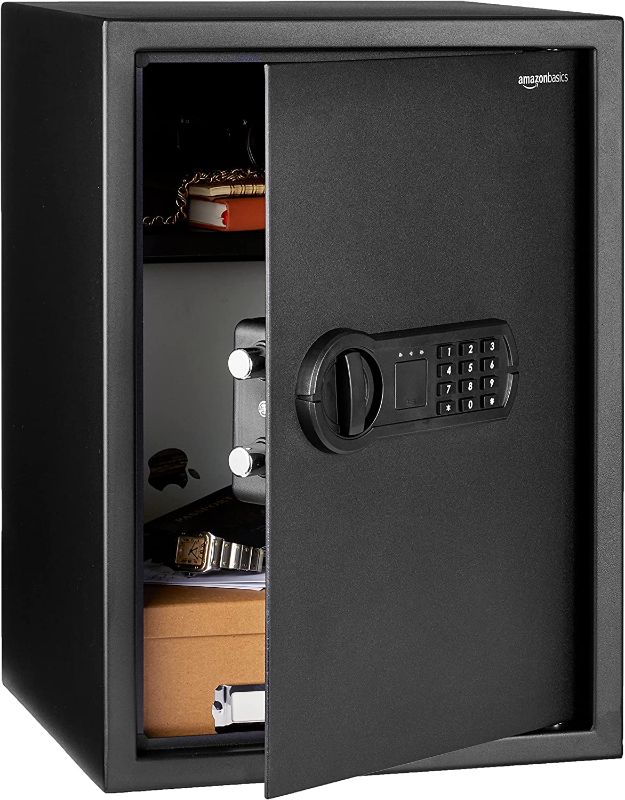 Photo 1 of Amazon Basics Steel Home Security Safe with Programmable Keypad - Secure Documents, Jewelry, Valuables - 1.8 Cubic Feet, 13.8 x 13 x 19.7 Inches, Black
