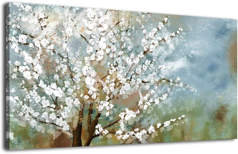 Photo 1 of Abstract Flowers Canvas Wall Art for Bedroom Wall Decor White Blossom Wall Picture Contemporary Wall Canvas Modern Canvas Print Living Room Office Home Decoration Framed Ready to Hang 24" x 47"

