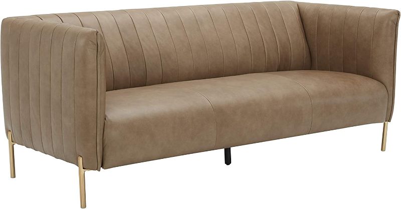 Photo 1 of Amazon Brand – Rivet Frederick Mid-Century Channel Tufted Leather Sofa Couch, 77.5"W, Taupe
