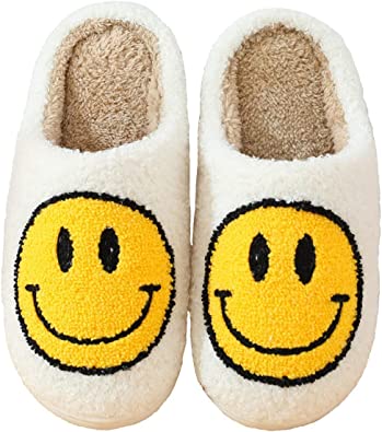 Photo 1 of  Retro Smil-ey face soft plush comfy warm slip-on slippers 8