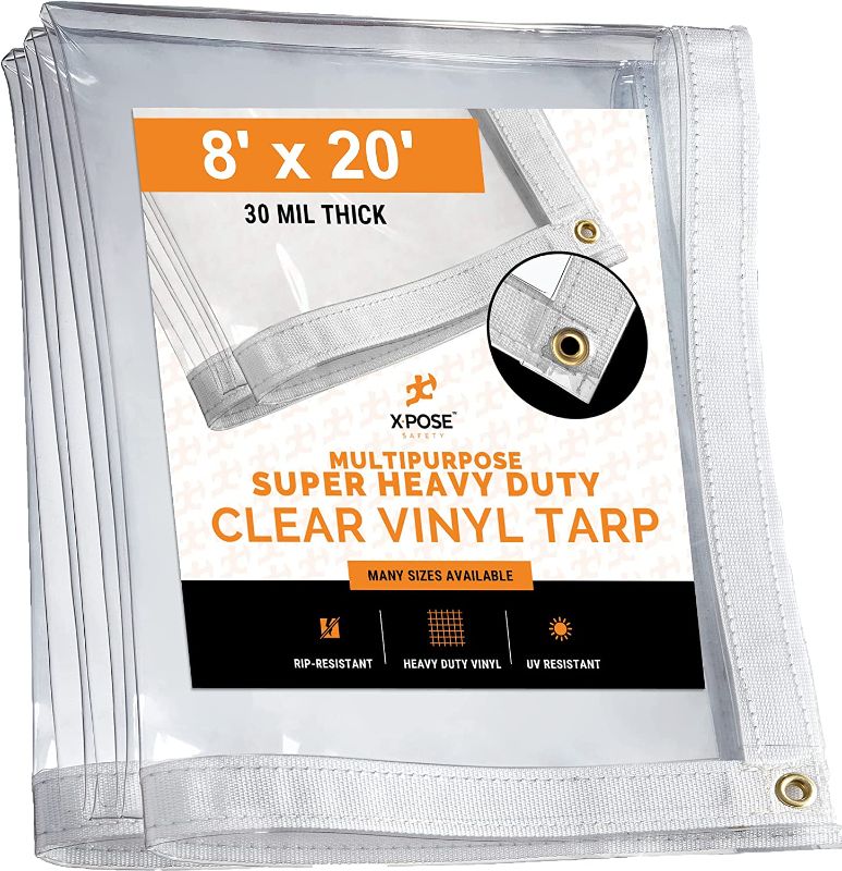 Photo 1 of 8' x 20' Clear Vinyl Tarp - 30 Mil Super Heavy Duty Transparent Waterproof PVC Tarpaulin with Brass Grommets - for Patio Enclosure, Temporary Wall, Camping, Tent Cover, Canopy - by Xpose Safety
