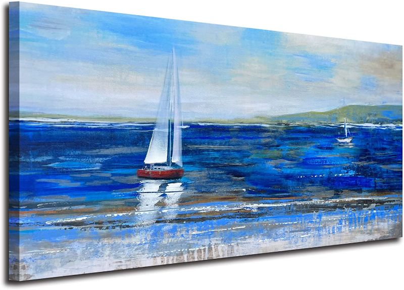 Photo 1 of Ardemy Blue Abstract Canvas Wall Art Seascape Painting Landscape Picture Textured, Modern Sailboat Ocean Artwork Framed for Living Room Bedroom Bathroom Home Office Decor, Large Size One Panel 40"x20"
