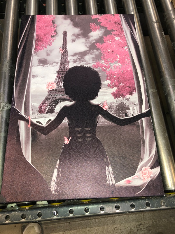 Photo 1 of African American Wall Art Black Girl Pink Flowers Canvas Prints Modern Black and White Wall Art Fashion Paris Decoration Pictures Painting Framed Artwork Home Decor for Bedroom Bathroom 16x24inch
