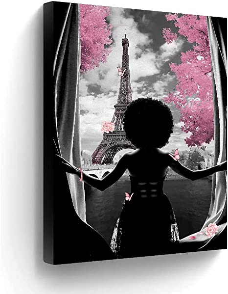Photo 1 of African American Wall Art Black Girl Pink Flowers Canvas Prints Modern Black and White Wall Art Fashion Paris Decoration Pictures Painting Framed Artwork Home Decor for Bedroom Bathroom 16x24inch
