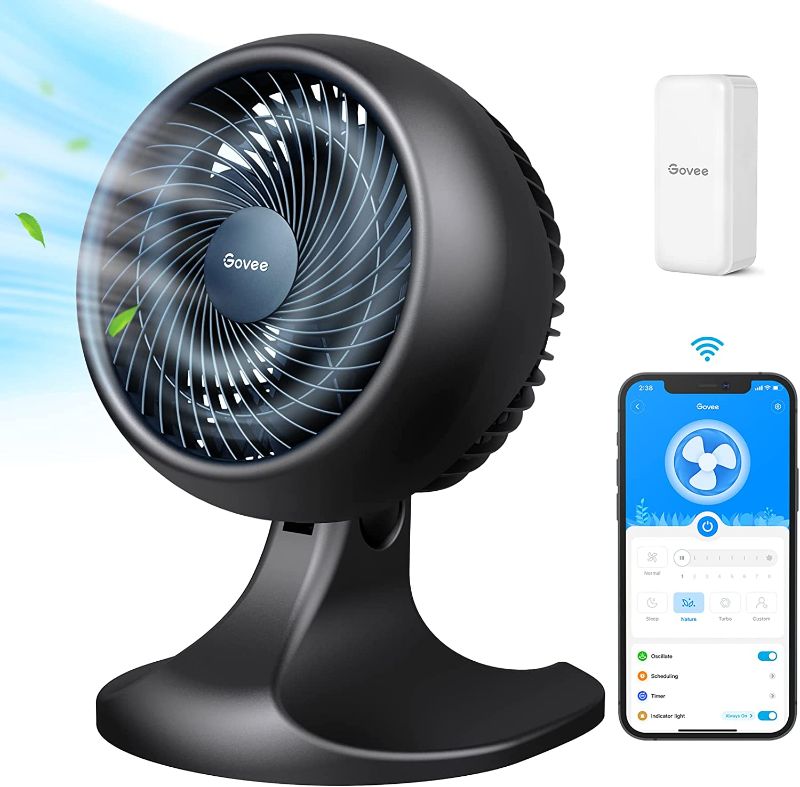 Photo 1 of Govee Smart Fan for Bedroom, 9" Desk Air Circulator Fan for Whole Room with Temperature Sensor H5100, 8 Speed Settings, 24H Timer, Auto Mode, 27dB Quiet Portable Turbo Force Table Fan for Home Office