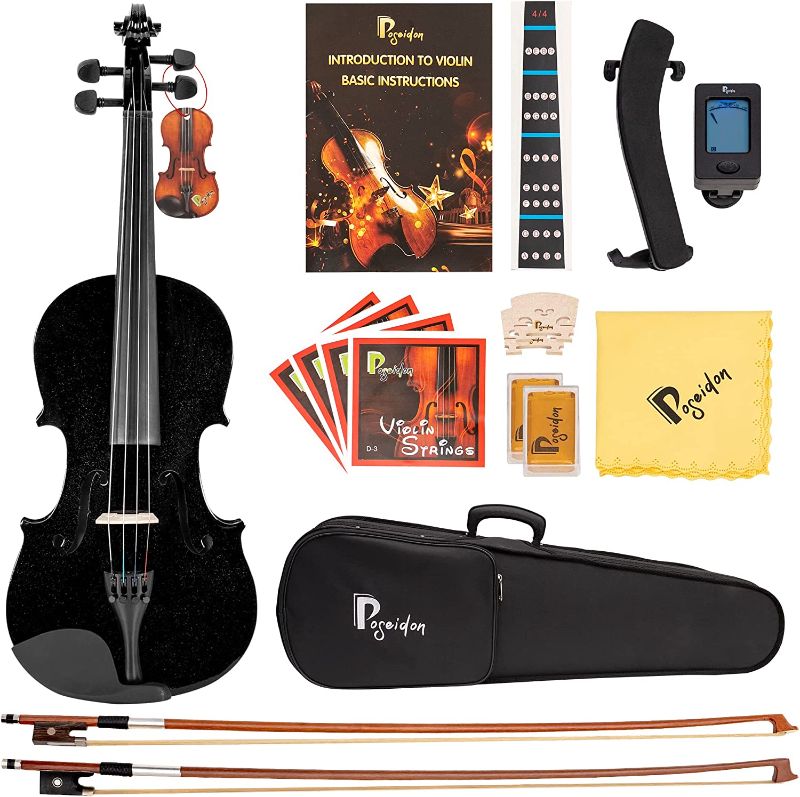 Photo 1 of Poseidon Violin 4/4 Full Size Violin for Kids Adults, Violin for Beginners with Hard Case, Extra Bows, Extra Strings, Shoulder Rest, Rosin, Clip-on Matte Black Wooden Stringed Musical Instruments