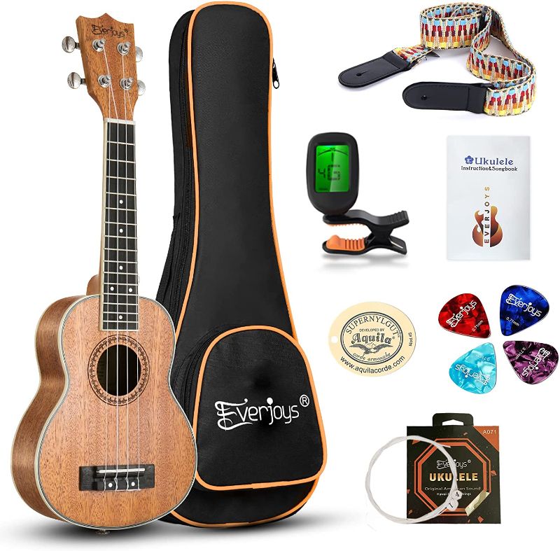 Photo 1 of Everjoys Soprano Ukulele Mahogany 21 inch - Professional Wooden Ukelele Instrument Kit With Gig Bag Strap Picks Strings Free Online Lessons All in One Kit
