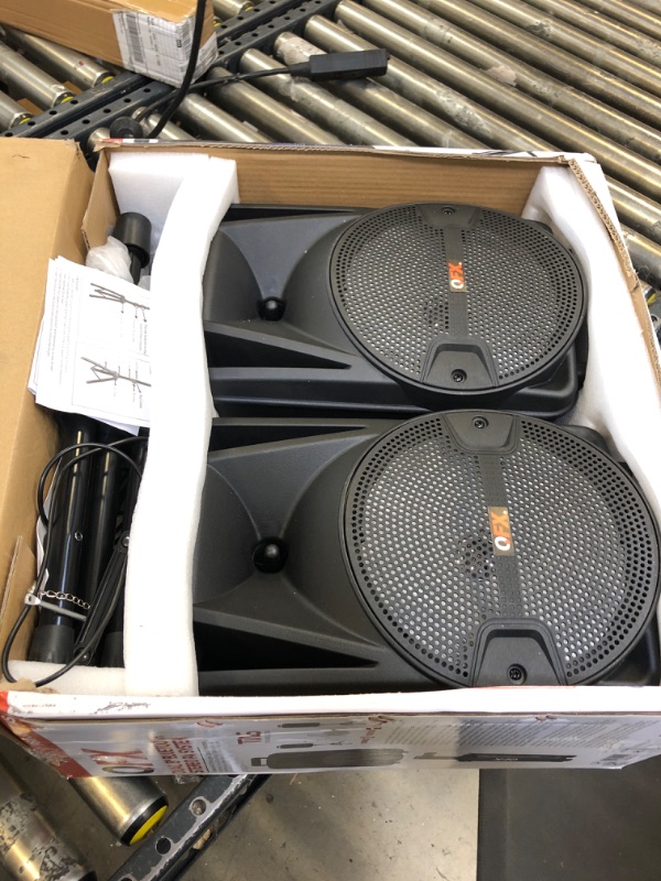 Photo 2 of PBX-800TWS 8-Inch Bluetooth Stereo PA System Comes with 2X 8 Speakers and 2X Stands, 2X Microphones, and a Remote Control MISSING CABLE - UNABLE TO TEST