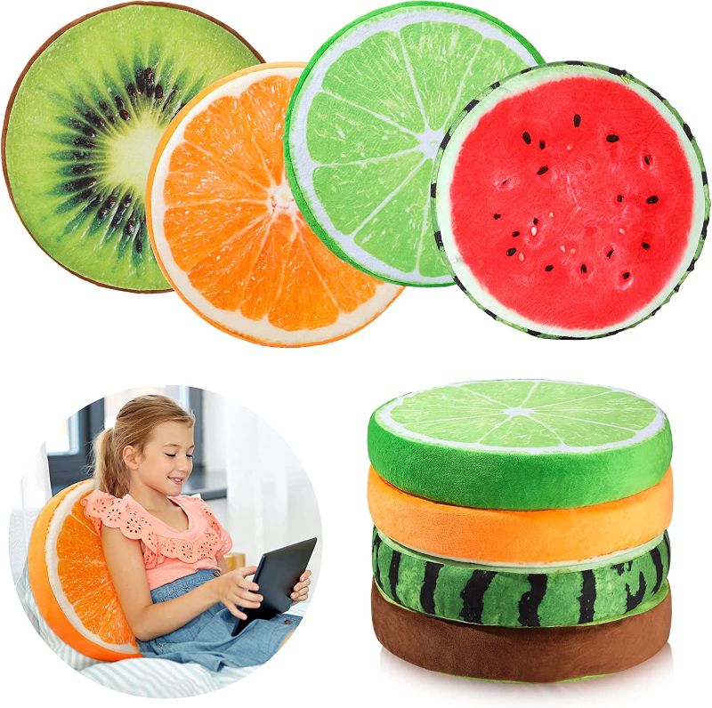 Photo 1 of 4 Pcs 15.7 Inch Round Fruit Pillows Stuffed Throw Pillows 3D Watermelon Kiwi Lemon Orange Decorative Floor Cushions Chair Toy Seat Floor Seat Cushions for Kids Couch Sofa Classroom