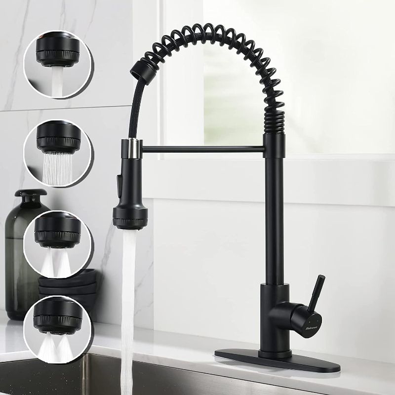 Photo 1 of Rainovo Kitchen Faucet with 4 Mode Pull Down Sprayer Matte Black, Spring Kitchen Sink Faucet Stainless Steel with Deck Plate, Single Handle faucets High Arc Modern with Pull Out Sprayer
