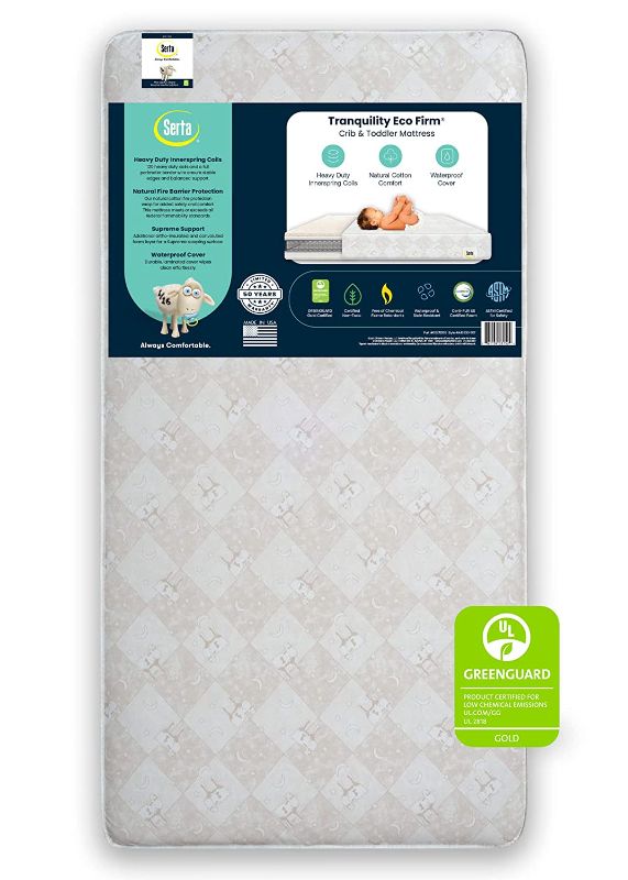 Photo 1 of Delta Children Serta Tranquility Eco Firm 2-Stage 6" Premium Baby Crib Mattress & Toddler Mattress - Waterproof - GREENGUARD Gold Certified - 50 Year Warranty - Made in USA, 27.5x52x6 Inch, White (Pack of 1)