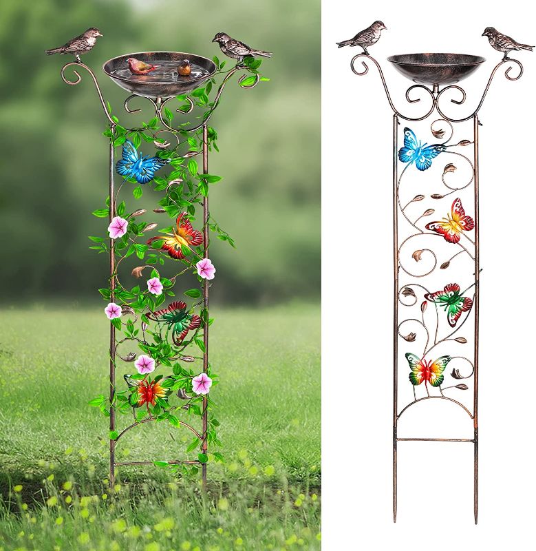 Photo 1 of 2 PCS BIRD BATH WITH TRELLIS OUTDOOR 40 INCH ANTIQUE METAL GARDEN PLANT TRELLIS