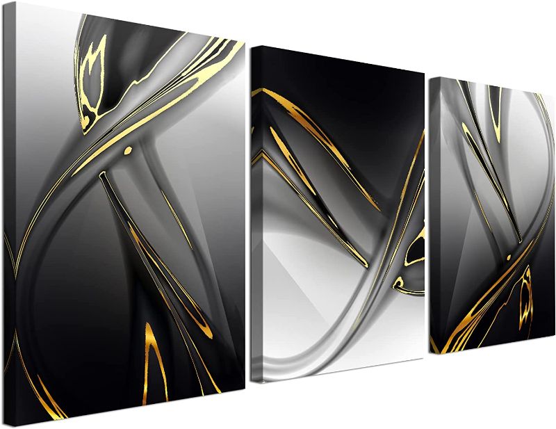 Photo 1 of 3 Panels Large Canvas Wall Art Prints Pictures, Modern Abstract Black Grey and Yellow Line Artwork Minimalist Art Home Decor for Living Room Bedroom Bathroom Office Decorations Framed, 16"x24"
