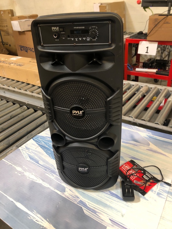 Photo 1 of Pyle Portable Bluetooth PA Speaker System - 600W Rechargeable Outdoor Bluetooth Speaker Portable PA System w/ Dual 8” Subwoofer 1” Tweeter, Microphone In, Party Lights, USB, Radio, Remote - PPHP2835B