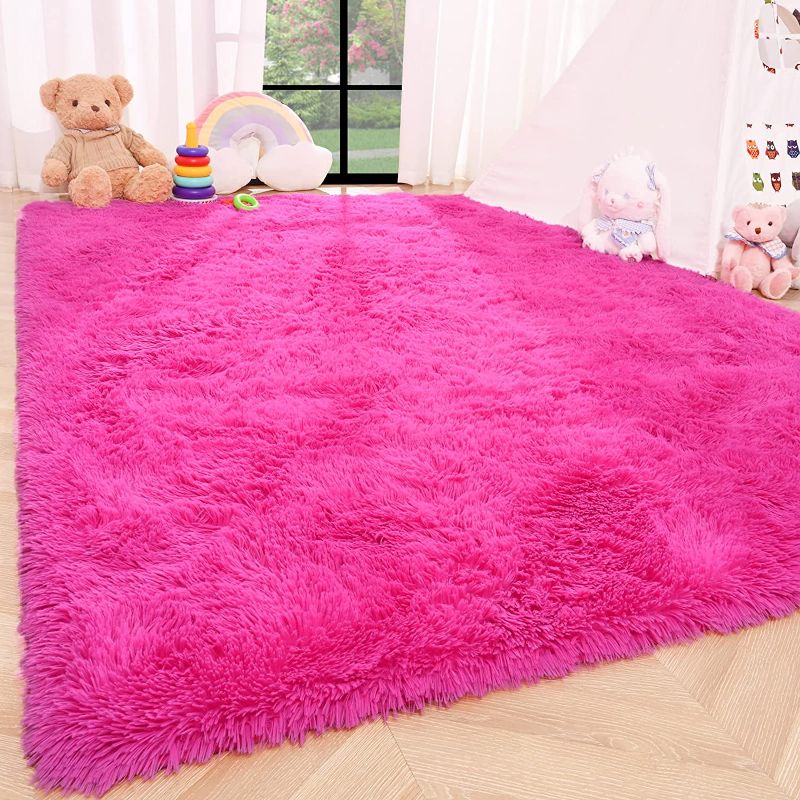 Photo 1 of  Rug Carpets Soft Shaggy Area Rug Indoor Floor Rugs for Kids Room Fuzzy Carpet Comfy Cute Nursery Rug Bedside Rug for Boys Girls Bedroom Living Room Home Decor Mat, 3ft x 5ft, Hot Pink