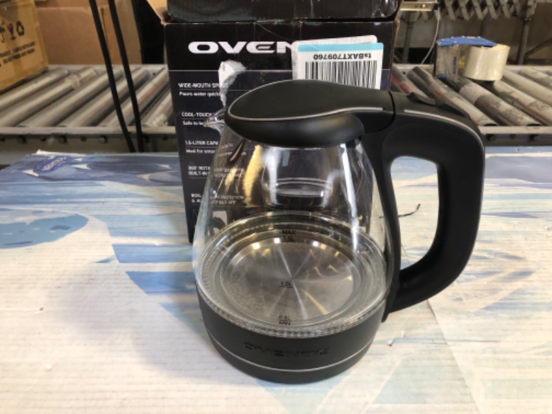 Photo 2 of Ovente Glass Electric Kettle, 1.5 Liter BPA Free Borosilicate Glass Fast Boiling Countertop Heater with Automatic Shut Off & Boil Dry Protection, Hot water Boiler for Tea & Coffee, Black KG83B