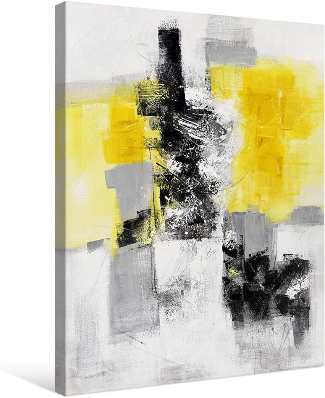 Photo 1 of 7Fisionart Yellow Pictures Wall Art Gray Canvas Abstract Wall Decor Painting Black White Large Framed Artwork for Bedroom Living Room Kitchen Office Bathroom Décorations 24"x32"
