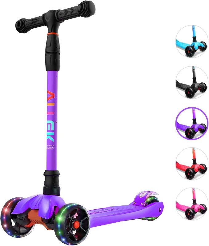 Photo 1 of Allek Kick Scooter B02, Lean 'N Glide Scooter with Extra Wide PU Light-Up Wheels and 4 Adjustable Heights for Children from 3-12yrs (Purple)
