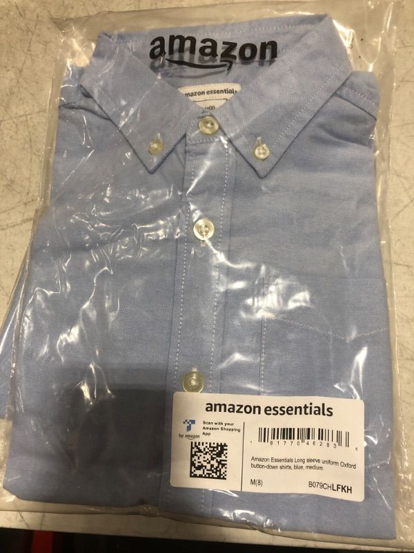 Photo 2 of Amazon Essentials Boys' Uniform Classic Fit Long-Sleeve Woven Oxford Shirt SIZE  Medium Blue