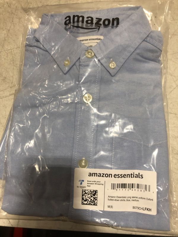 Photo 2 of Amazon Essentials Boys' Uniform Classic Fit Long-Sleeve Woven Oxford Shirt SIZE Medium Blue
