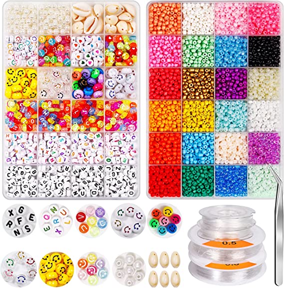 Photo 1 of 5000Pcs Glass Seed Beads, WOHOOW 4mm 24 Colors 6/0 Beads for Jewelry Making Kit, Small Glass Bead Craft Set 600Pcs Alphabet Beads and 180Pcs Smiley Beads for Bracelets Earrings Ring Necklaces Making