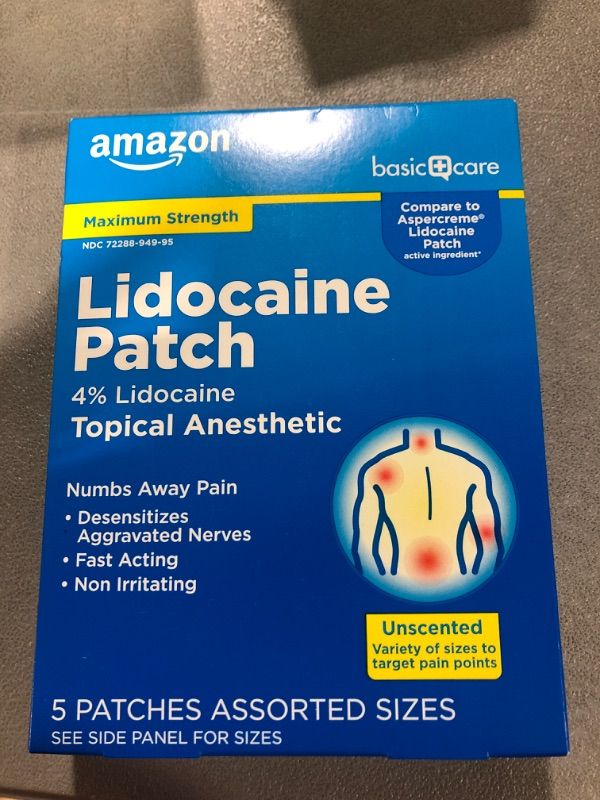 Photo 2 of Amazon Basic Care Lidocaine Patches, 4% Lidocaine, Maximum Strength Pain Relief Patches in Assorted Sizes, Fragrance Free, 5 Count Variety 5 Count (Pack of 1)