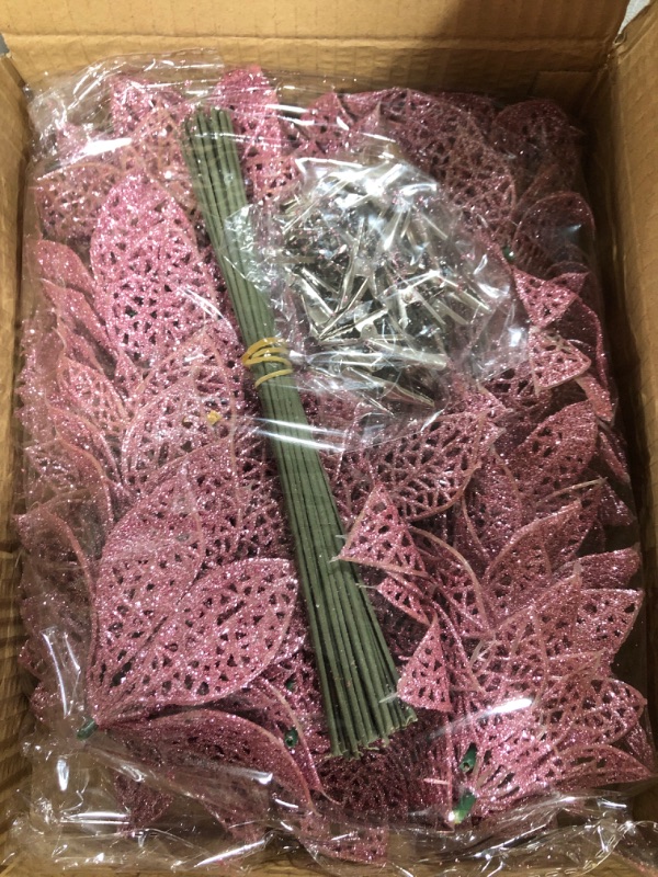 Photo 2 of [ with Clips Stems ] 36 Pieces 2 Sizes Christmas Poinsettia Flowers Picks Christmas Tree Ornaments Decorations 5.5"/4" Glitter Artificial Silk Flowers Xmas Tree Decor Home Indoor Wreath Garland (Pink)