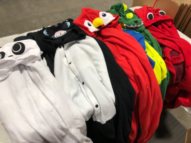 Photo 1 of Box lot of animal onesies in size Large. Can be used for costume or just for lounging!! Lobster, cow, dinosaur, parrot, and cat.