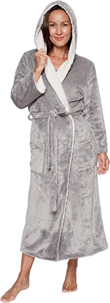 Photo 1 of 2XL/3XL Silver Lily Silver Lilly Womens Robe Hooded Sherpa Lined - Long Plush Soft Luxury Bathrobe- Gray
