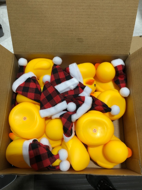 Photo 2 of 12 Pcs Christmas Rubber Ducks with 12 Buffalo Plaid Hats and 12 Scarves, Mini Rubber Ducks Christmas Mini Ducks Rubber Ducky Bath Toy for Birthday Christmas Party Gift Favors (Vivid Color)